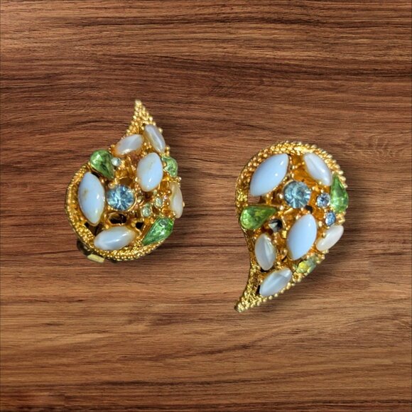 Vintage Gold-Tone Clip-On Earrings W/ White Opalescent & Green Rhinestones Tear - Picture 2 of 8